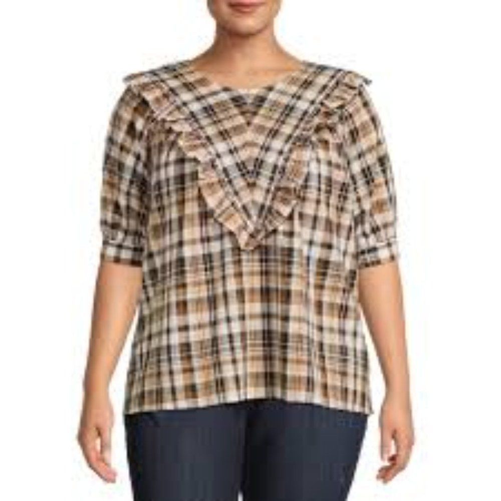 EUC 3X Terra & Sky Plaid Ruffle-Front Short-Sleeve Blouse, 100% Cotton